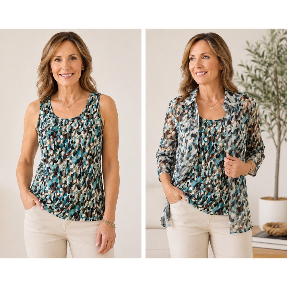 Dressbarn Womens 2 Piece Tank Blouse Set Blue Brown Abstract Sheer XL Career